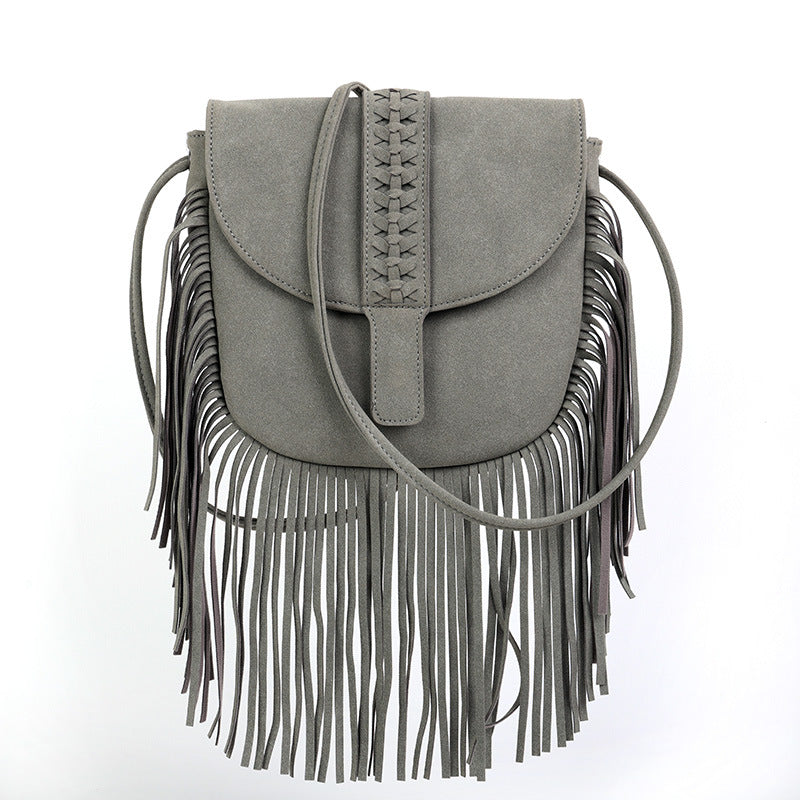 Wholesale Bohemian Covered Braided Half Circle Soft Leather Tassel Shoulder Crossbody Bag